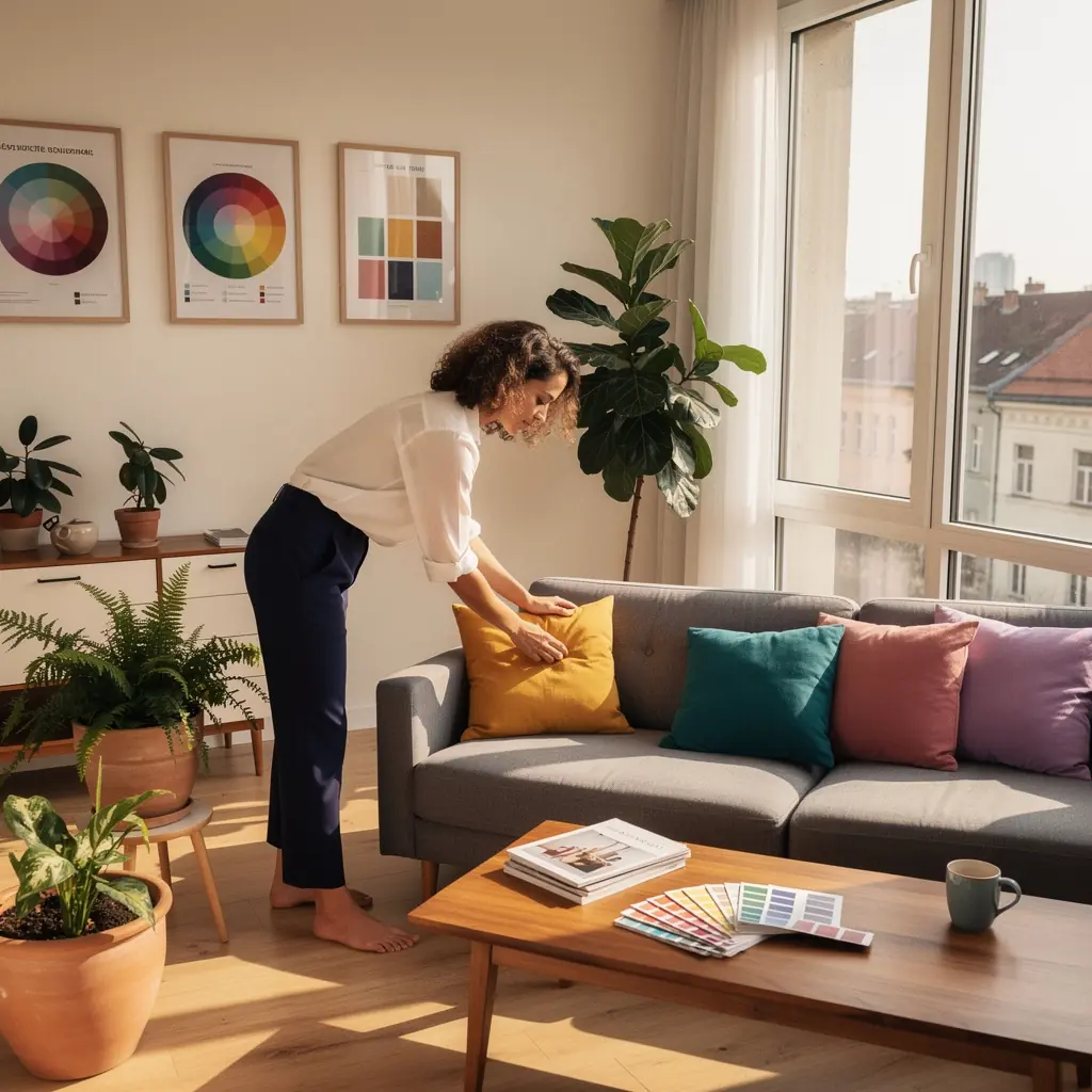 Modern nappali berendezés, világos színekkel és kényelmes kanapéval.