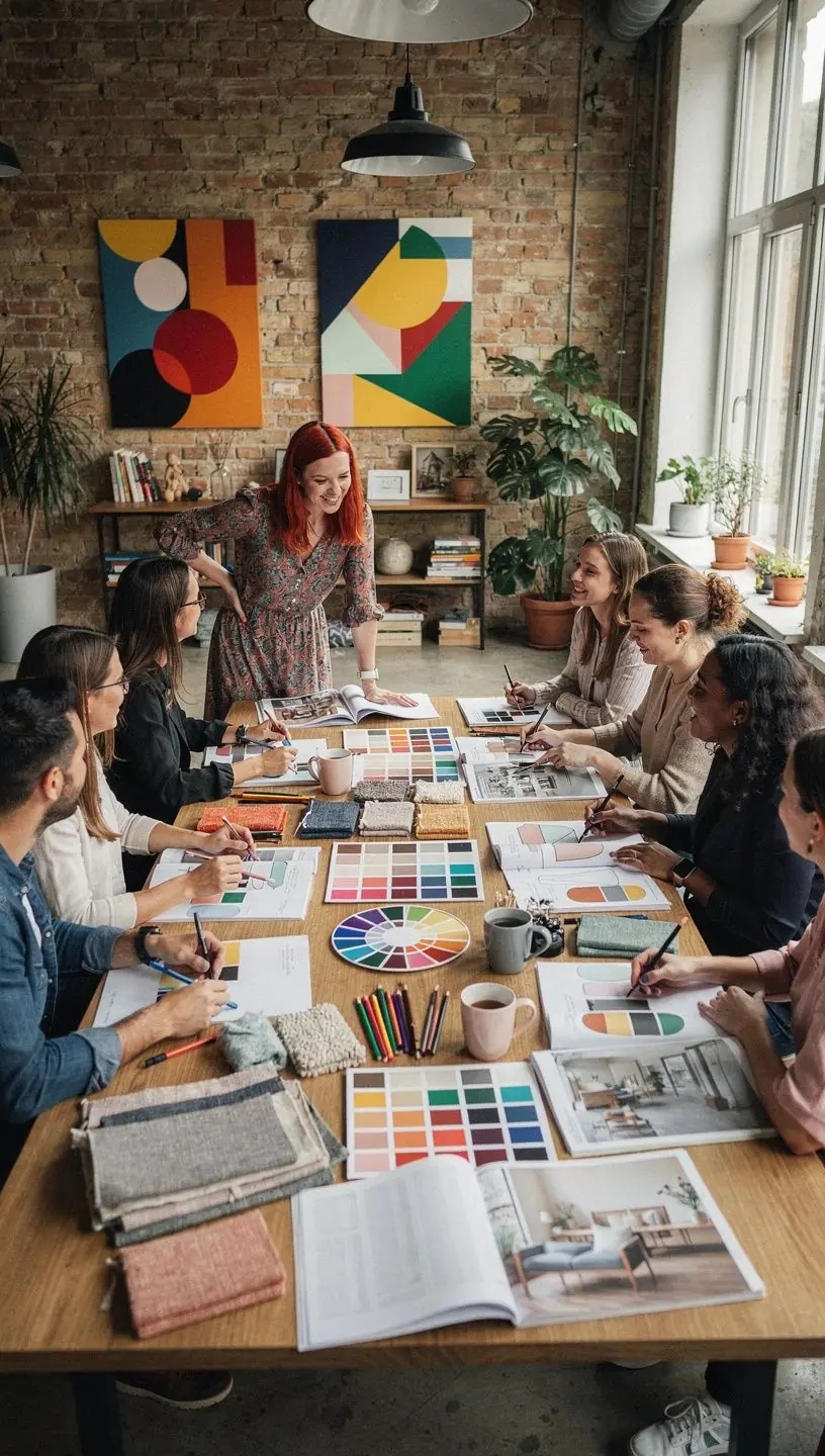 Modern nappali bútorok színes elrendezése, harmonikus térkialakítással.